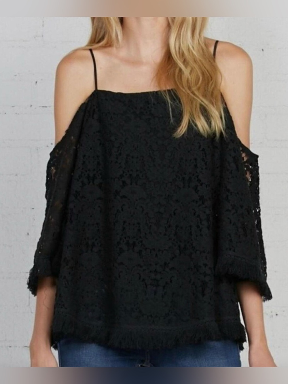 Bailey 44 Tusk Lace cold Shoulder Fringe Trim Top in black
